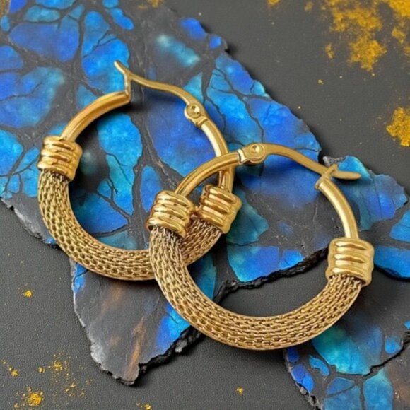 🆕️ Chic Elegance: 18K Gold Plated Stainless Steel Mesh Trendy Hoop Earrings - Picture 1 of 12